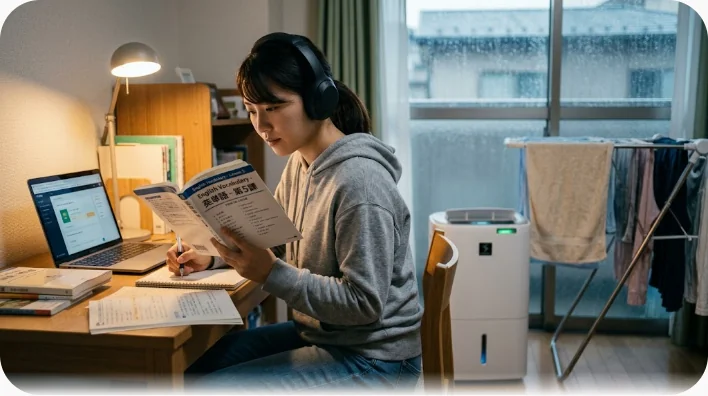 梅雨時の部屋で洗濯物を室内干しし、除湿機の傍らでタブレットとヘッドホンを使って英語の発音練習をしている人物