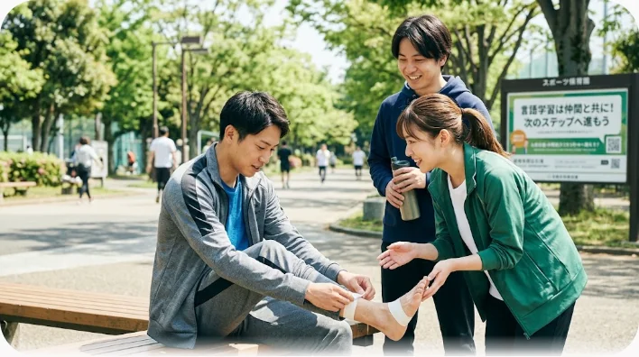 早朝の陸上トラックで三人の大人が芝生の上でストレッチをし、笑いながら話している様子