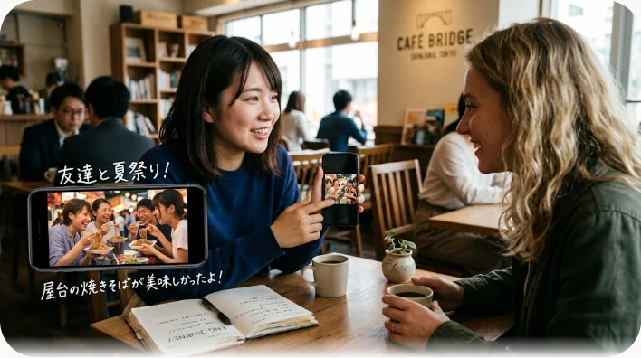 カフェのテーブルでスマートフォンのひな人形の写真を見せながら英語で説明する女性と、興味深そうに聞く女性
