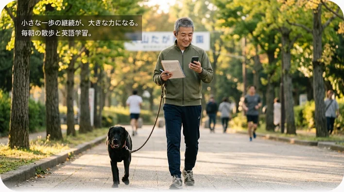 早朝の川沿いの遊歩道をカジュアルなスポーツウェアの日本人男性がイヤホンをつけてゆったり歩いている様子