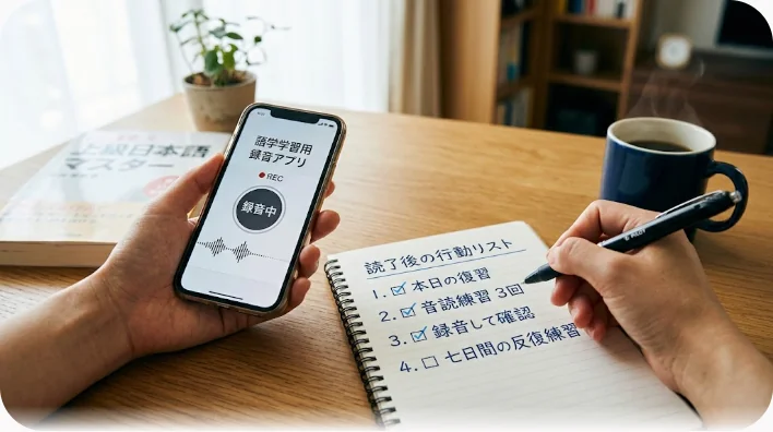 机に開かれた週間練習ノートと録音画面のスマートフォン、イヤホン、観葉植物が並ぶ朝の作業机
