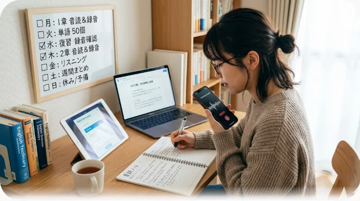 夜の自宅デスクで手書きの英語ノートと録音画面のスマートフォンを前に練習している学習者