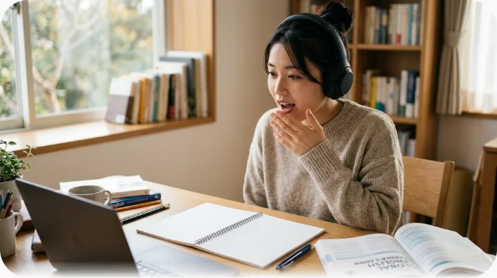 朝の光が差す机の上に、白紙のノート、鉛筆、ミルク入りのコーヒー、ヘッドホンが置かれ、学習者の手がノートに添えられている様子