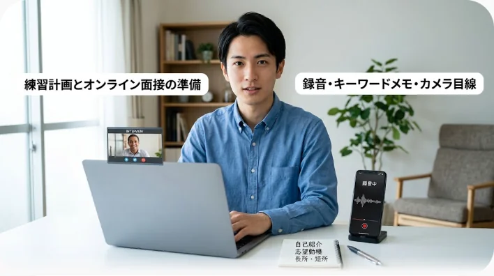 自宅のデスクでノートパソコンのカメラに向かい、キーワードメモと録音を使って面接の練習をする学習者