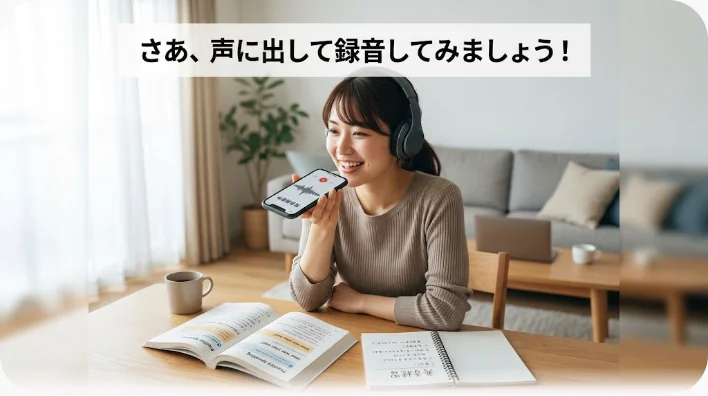 カフェの窓辺でノートを見ながら声に出して英語を練習し、スマートフォンで録音する東アジア系の学習者