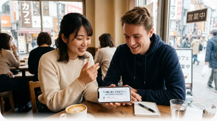 バス停でスマートフォンの画面を一緒に見ながら通りの先を示す日本人と旅行者