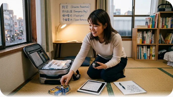 非常用リュックから取り出した水、缶詰、懐中電灯、乾電池、タオルなどを床に並べて点検している様子
