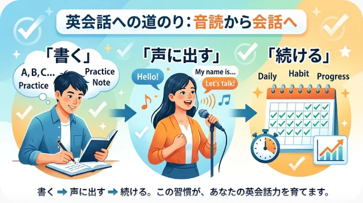 夜のリビングで開いたノートを手に持ち、英語の日記を音読している大人の学習者