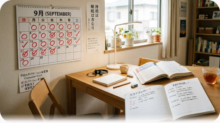 夕方の自宅の勉強机に、手書きの単語ペアが並んだノートとヘッドホン、チェックマーク入りのカレンダーが置かれている様子
