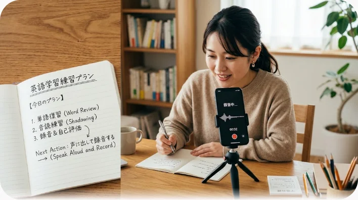 手書きの練習文が書かれたノート、鉛筆、録音画面のスマートフォン、マグカップが並ぶ朝の学習机