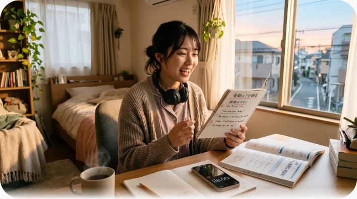 朝の窓辺のテーブルでノートを開き、コーヒーを片手に英語を声に出して練習する人