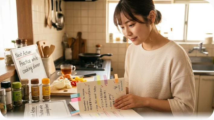 キッチンテーブルに置かれた開いたノートとペン、緑茶のカップ、琥珀色の調味料のボトル