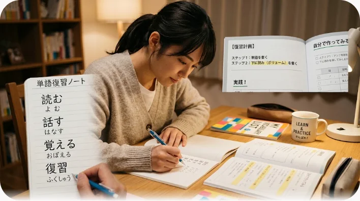 英文の各単語に下線とボリュームの数字を書き込んだ記憶術の学習ノート
