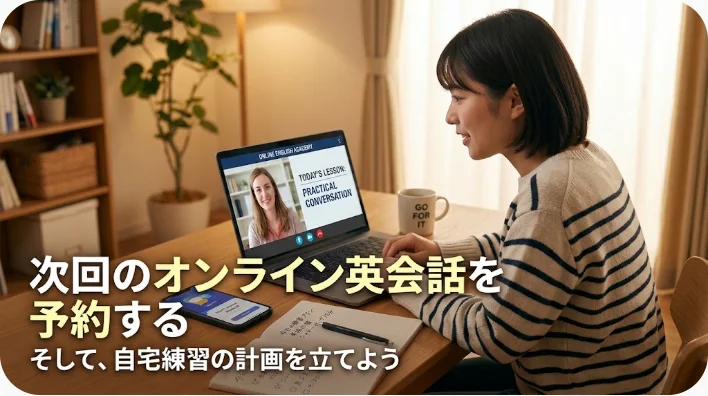 夕暮れの自宅デスクに置かれたノート、ヘッドホン、スタンドに立てたタブレットと紅茶のカップ