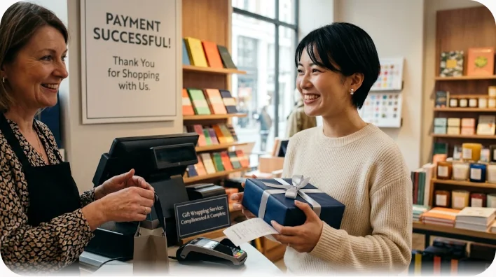 リボンをかけた贈答用の箱が、店のカウンター越しに店員から客へ手渡される場面