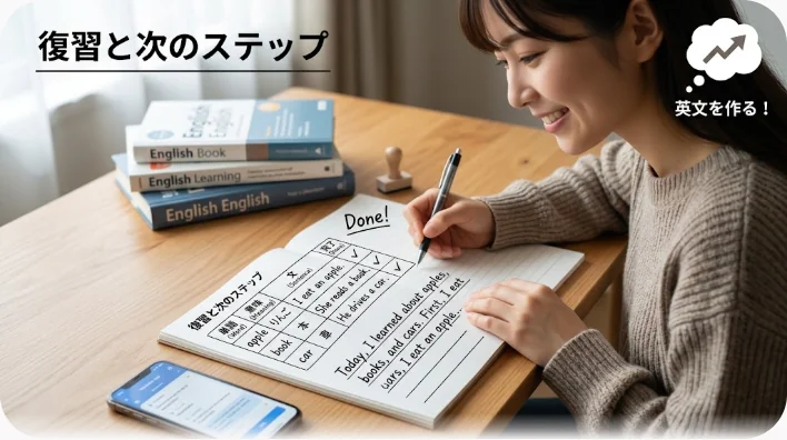 机の上に開かれた学習ノートとノートパソコン、お茶のカップと付箋
