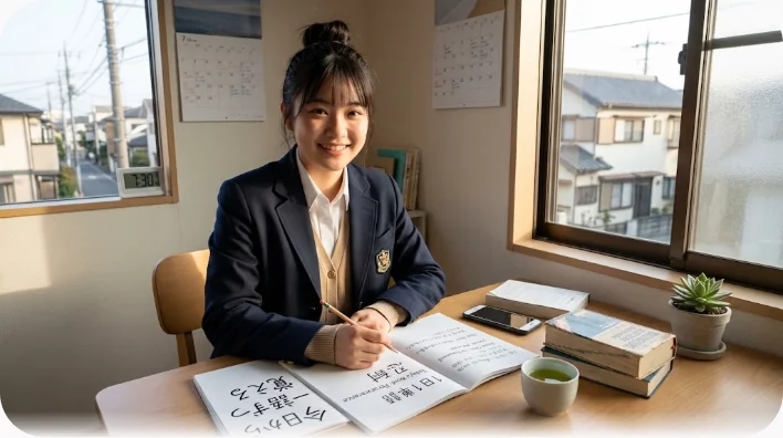 早朝の窓辺の学習机。開いたノートと鉛筆、紅茶のマグ、椅子に置かれたグレーのスカートと紺のニット