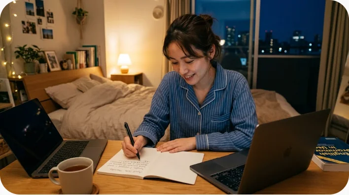 夜のデスクライトの下で小さな日記に一文だけ英語を書き込んでいる人物
