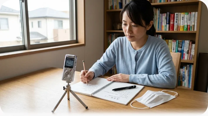 自宅の机でノートとスマートフォンの録音を使って英語の発音練習をする日本人学習者