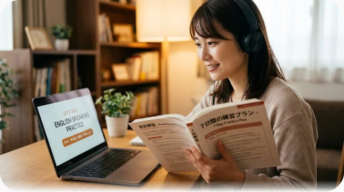 窓辺の机でヘッドホンを着け、手書きのフレーズノートを見ながら声に出して英語を練習する男性