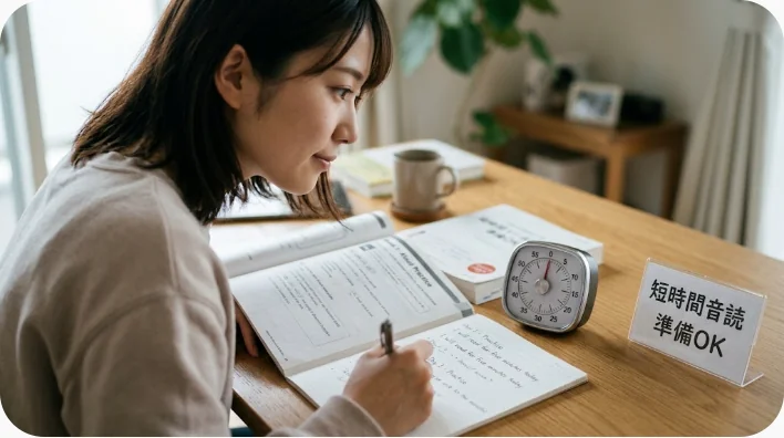 開いたノート、スマートフォン、小さなアナログタイマー、紅茶のカップが置かれた朝の机