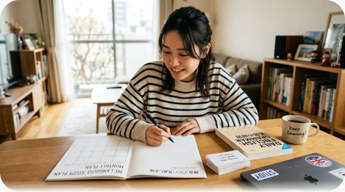 朝の光が差す机に開かれた白紙の手帳、時計、コーヒー、ペンと学習者の手