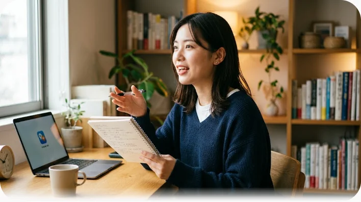 窓際の席で紙コップとノートを持ち、フレーズを口に出して練習する学習者