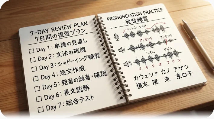 ノートとペン、ヘッドホン、音声波形が表示されたスマートフォンが並ぶ学習デスクのイラスト