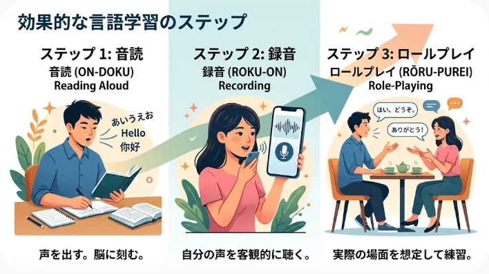 ヘッドホンとマイクを着けた学習者が机で声を出しながらノートと地図を確認している自宅練習の風景
