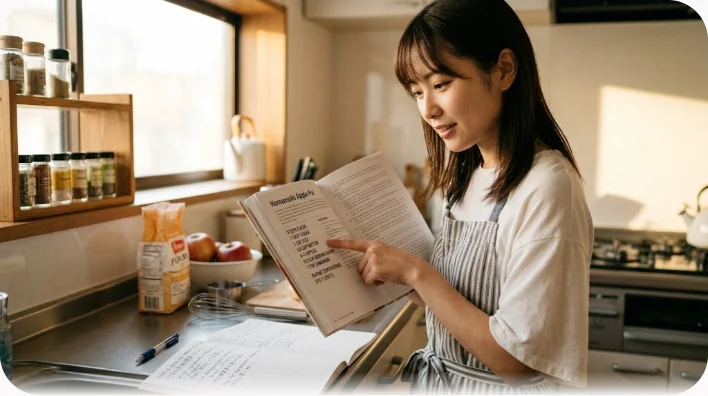 キッチンでタブレットの英語レシピを読みながら計量道具を使う学習者