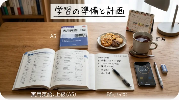 木製デスクの上に開いた英語学習ノート、フレーズ集、万年筆、白いカップに入った紅茶、予約カードを俯瞰で並べた写真