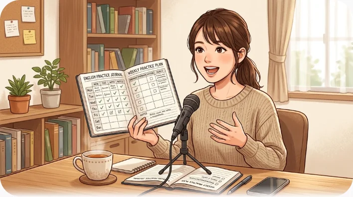 木製の机に開いたノートとペン、コーヒーカップ、小さなショッピングバッグが並ぶ学習机の様子