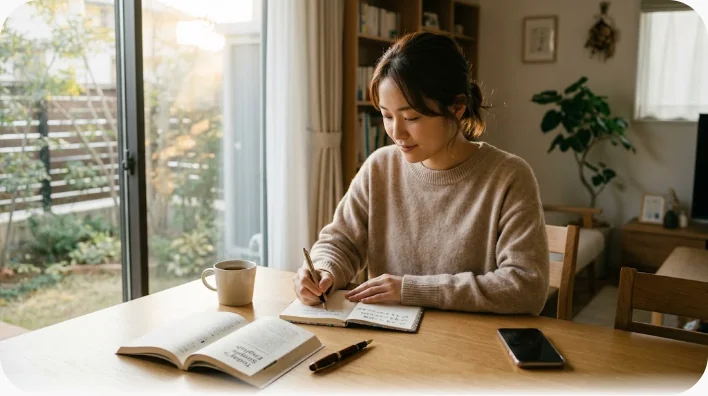 トーストとコーヒーの横でスマートフォンのメモアプリと手書きの単語ノートを使う学習者の手元