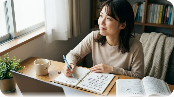 ノートに手書きされた1週間の練習計画とスマートフォン、ヘッドホン、ペンが置かれた机の上