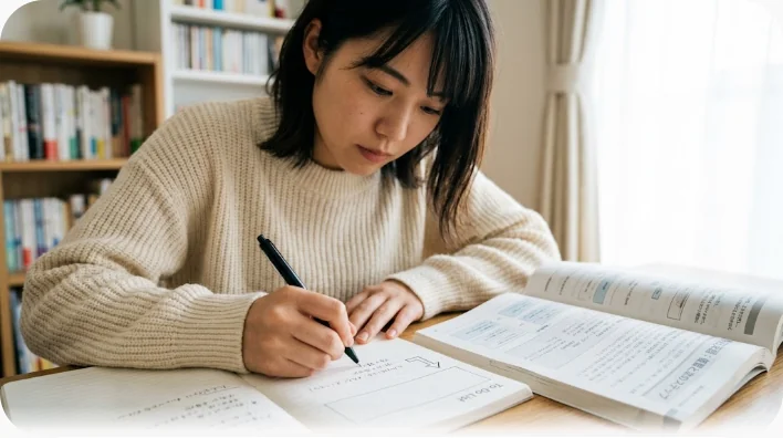 ノートに手書きの英語フレーズと付せんが並び、横に小さな紙のピニャータの飾りが置かれた勉強机
