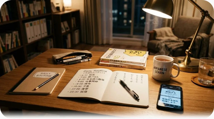 夜のデスクで手書きのノートに英文を書き、スマートフォンの音声を聞きながら練習する学習者