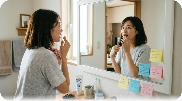 洗面所の鏡の前でコンパクトミラーを手にリップを塗り直しながら微笑む女性と、鏡に貼られた付箋