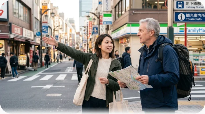 晴れた街の歩道で通りの先を手で示しながら旅行者に道を教えている人物