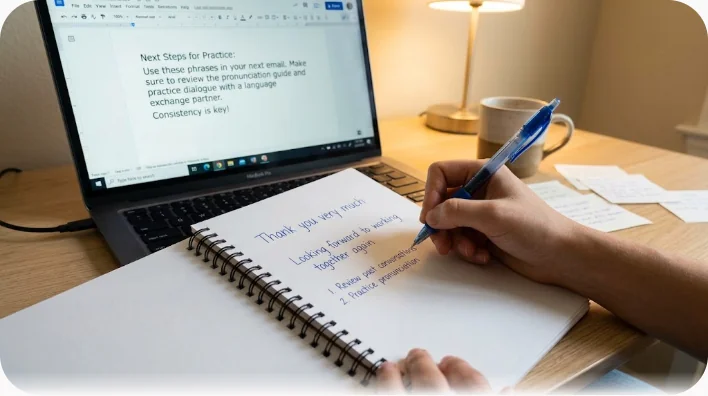 夜、机でペンを持ってお礼のカードを書く東アジア系の学習者と、英語フレーズを書き写したノート