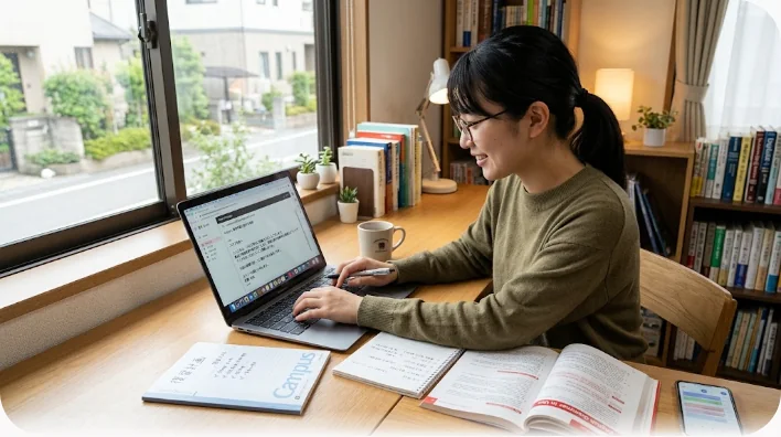 夜の自宅デスクでノートに英語フレーズを書き込みながらパソコンでメールを作成しようとしている学習者