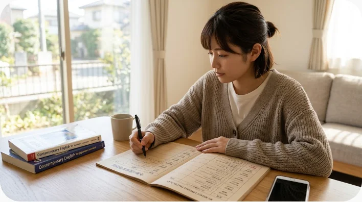 夜の机にヘッドホンと音声波形を映すタブレット、チェックボックス付きの週間プランナーが置かれたイラスト