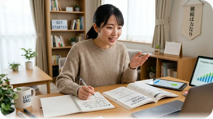 デスクランプに照らされた勉強机に、開いたノートとペン、紅茶のマグ、語学書が置かれている様子