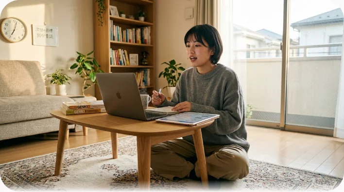 夜の自宅デスクでヘッドセットを着け、ノートパソコンに向かって英語を練習する人