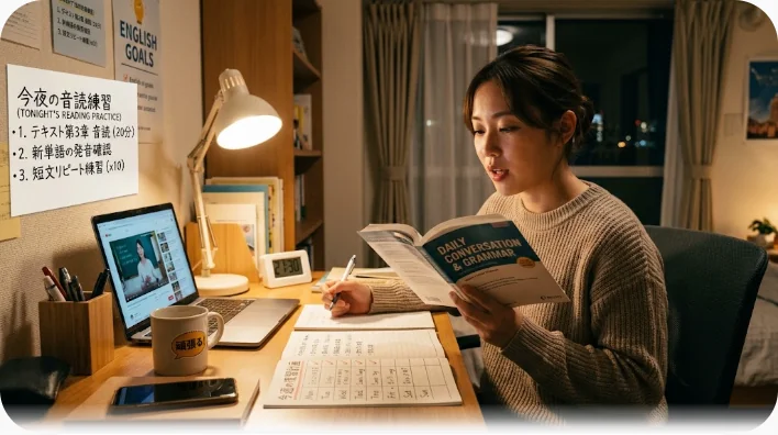 夜の自宅で、ノートを開いて声に出しながら英語を練習している学習者