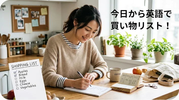 窓辺の机に置かれた手書きの買い物リスト、布製のエコバッグ、マグカップと日用品のボトル