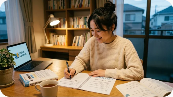 東アジア系の学習者が机で英語のノートに例文を書き込みながら学習している様子