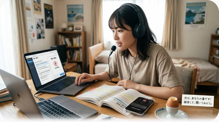 卵に関する英単語を書いたノートと鉛筆、録音画面のスマートフォン、紅茶のマグ、ゆで卵が置かれた勉強机