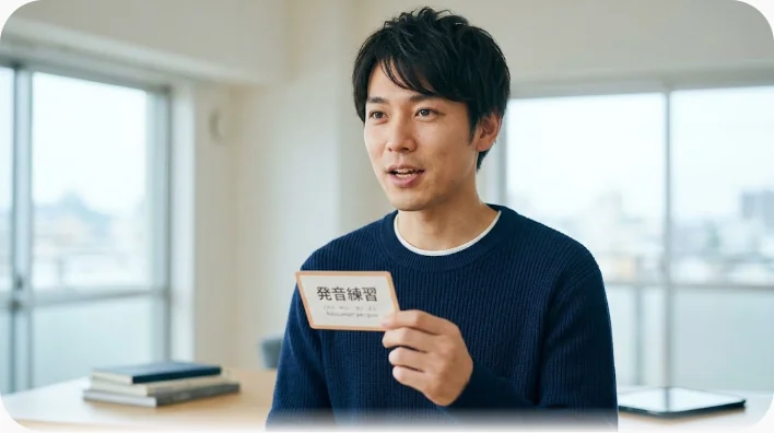 自宅のデスクでノートを見ながら声に出して英語の発音を練習している学習者