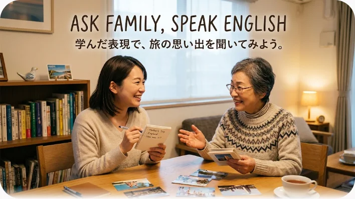 リビングのソファで、成人した子と高齢の両親が古い写真アルバムと旅のみやげ物を一緒に眺めている