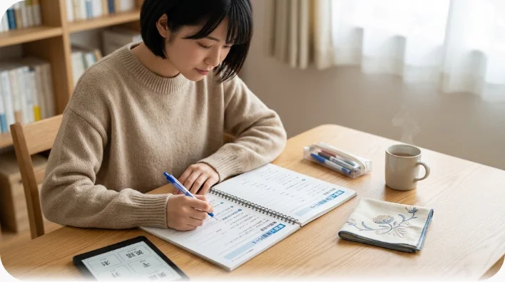 デスクランプの灯る机に、チェックボックス付きの学習プランナーと扇状に広げた単語カードが置かれている様子
